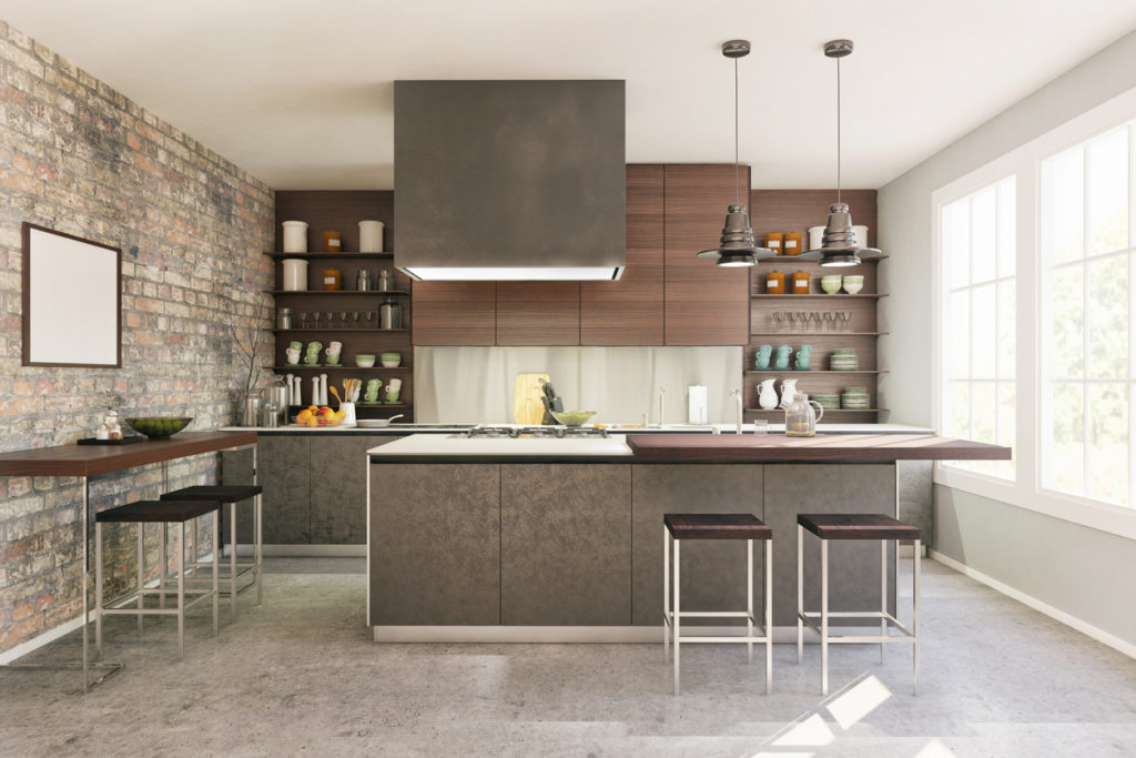 Picture of modern domestic kitchen. Render image.